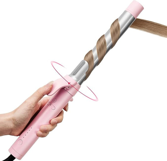 Rotating Automatic Curling Iron for Beach Waves - TYMO Curling Wand for Long Hair, Extra Long Barrel Ceramic Hair Curler for Women, 40M Ionic & Dual Voltage, 5 Temps & 30s Heat-up, 1 Inch, Pink