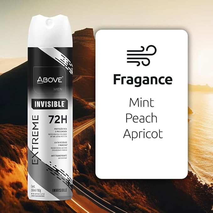 ABOVE Extreme Men Invisible - 72H Antiperspirant Spray Deodorant for Men 5.07 Fl Oz(4 Pack) | Aluminum-Free | Fresh Mist, No Stain & Alcohol, Long-Lasting Men's Deodorant Spray | Mint, Peach, Apricot