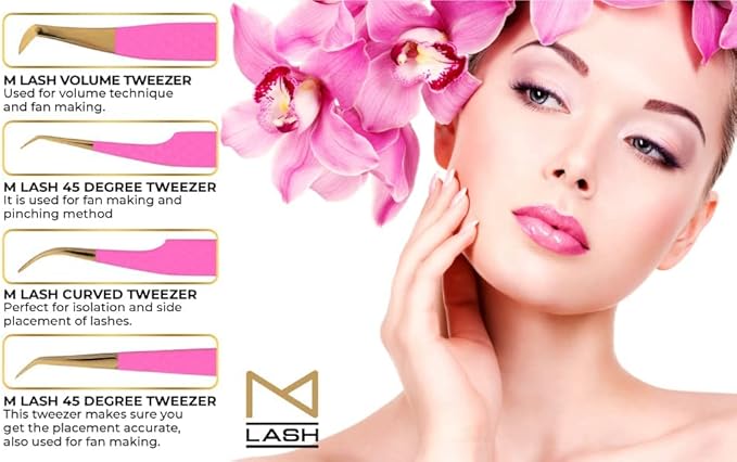 M LASH Tweezers for Eyelash Extensions (Set of 4) - Professional Lash Extension Tweezers - Fiber Tip, Japanese Steel, Diamond Grip Eyelash Extension Tweezer (WMG-SET)
