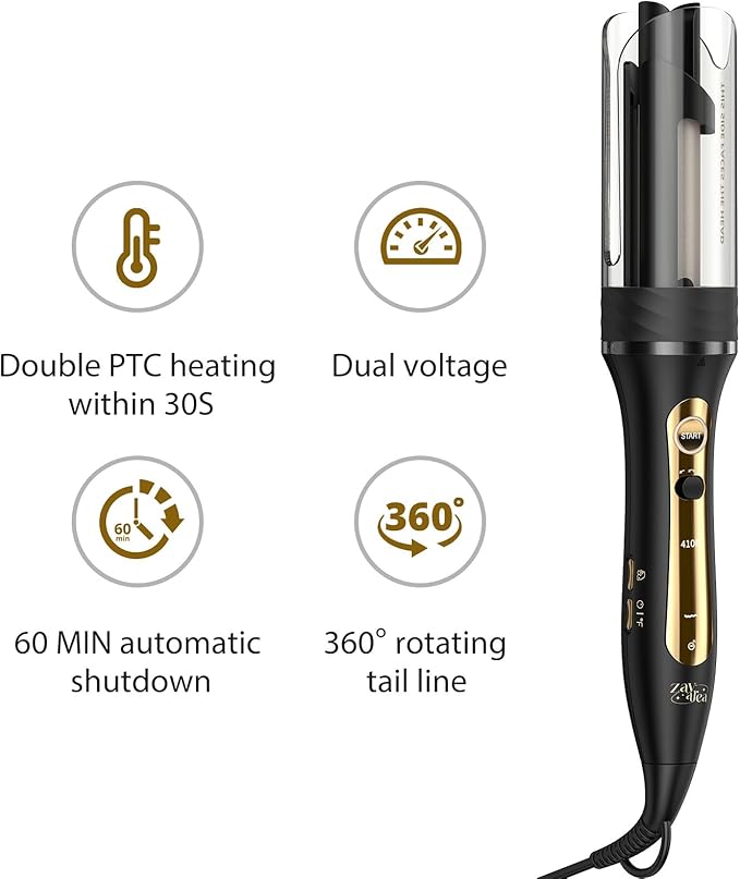 Zavarea Automatic Curling Iron, 1 Inch Hair Curler with 5 Temperatures, 3-Ways Rotation & 3-Styling Modes, Anti-Scald & Tangle-Free Self Rotating Curling Wand (Black)
