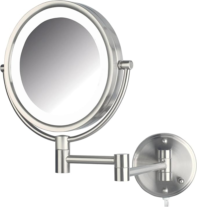 JERDON Wall-Mounted Vanity Mirror with Lights - Lighted Makeup Mirror with 8X Magnification & Nickel Finish - Plug in Model HL88NL