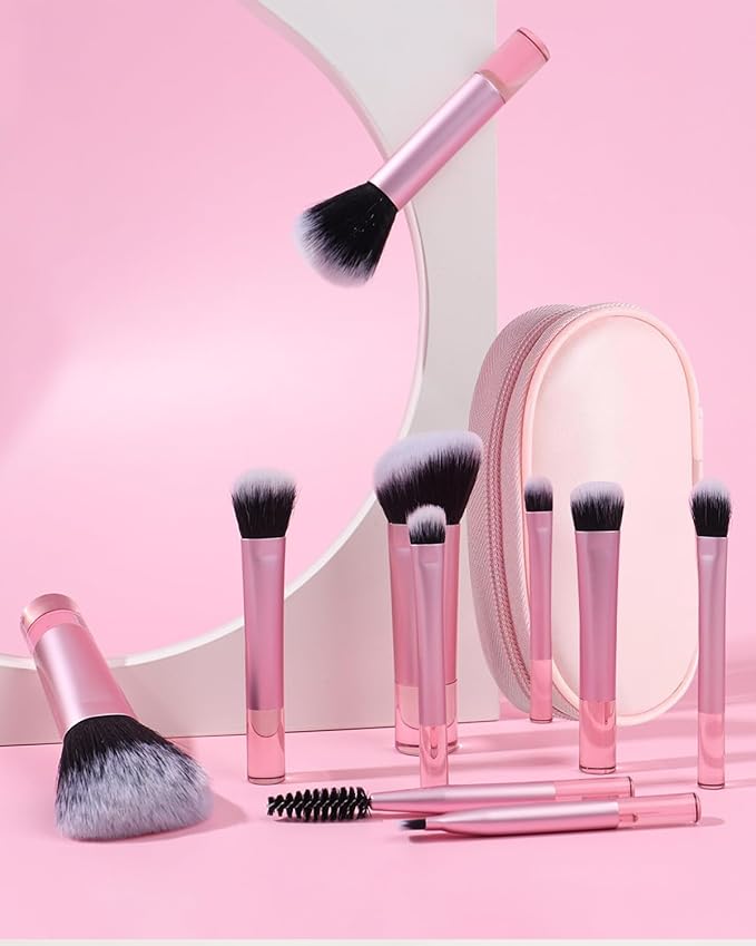 10 Pcs Mini Makeup Brush Travel Size Set With Brush Pouch, Portable Small Full Complete Function Cosmetic Brushes Kit for Women and Girls On the Go (Pink)