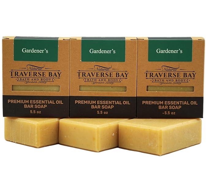 Traverse Bay Bath and Body- All natural handmade cold process bar soap,Gardeners Soap, with cornmeal and lavender, rosemary, tea tree essential oils. 3 bar pack 15 + oz. Made in the USA