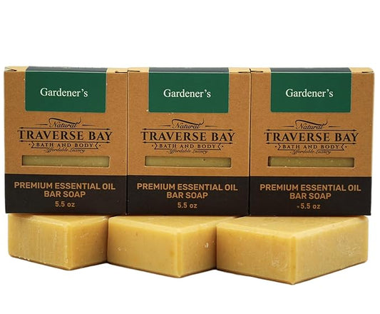 Traverse Bay Bath and Body- All natural handmade cold process bar soap,Gardeners Soap, with cornmeal and lavender, rosemary, tea tree essential oils. 3 bar pack 15 + oz. Made in the USA