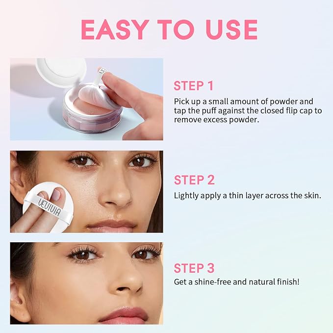 Vevivia Setting Powder - Creaseless Face Powder, Long Lasting Loose Powder Makeup with Blurring and Natural Finish, Loose Setting Powder for All Skin Types, Shine Control, Up to 24 Wear, Translucent