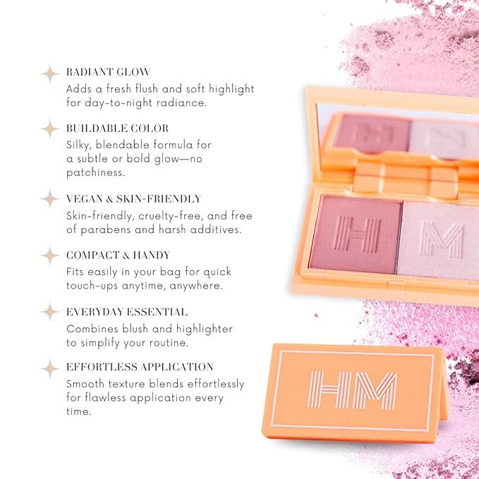 Blush + Brighten Highlighter Duo, Mini Lightweight Blendable Shimmer Blush, High Pigmented Makeup Powder Palettes, Cruelty Free - Don't Hurry, Be Happy!