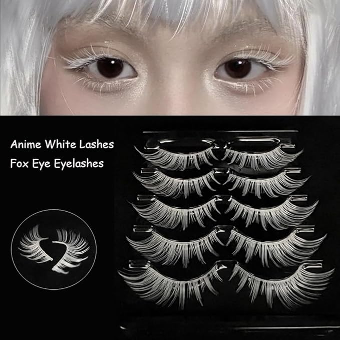 White Lashes Fairy Eyelashes Cat Eye Wispy Spiky False Eyelashes Cosplay Manga Lashes Halloween Easter Lashes Natural Anime White Fake Lashes Fox Eye Long Volume Fake Eyelashes (MQ15-5 Pairs)