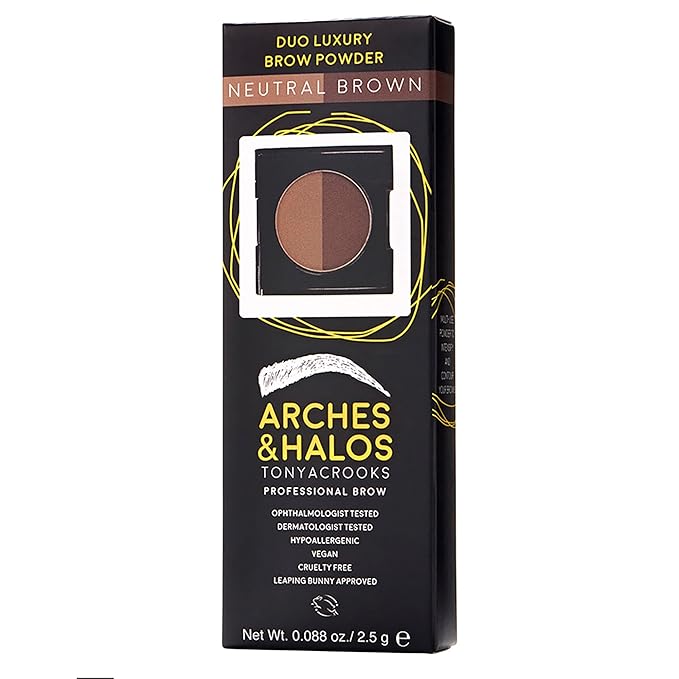 Arches and Halos Duo Luxury Brow Powder - Eyebrow Shaper and Color - Powder Compact with 2 Neutral Shades - Neutral Brown - 0.1 oz