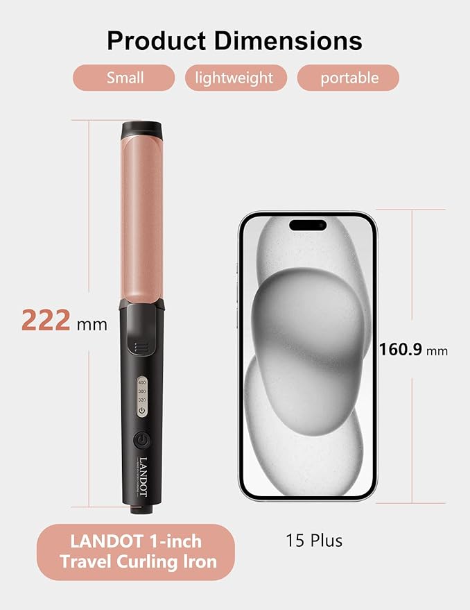 LANDOT Mini Curling Iron Hair Curler: 1 Inch Small Curling Wand for Short Hair - Travel Size Dual Voltage 100-240V for Worldwide Use - Adjustable Temperature for All Hair Types