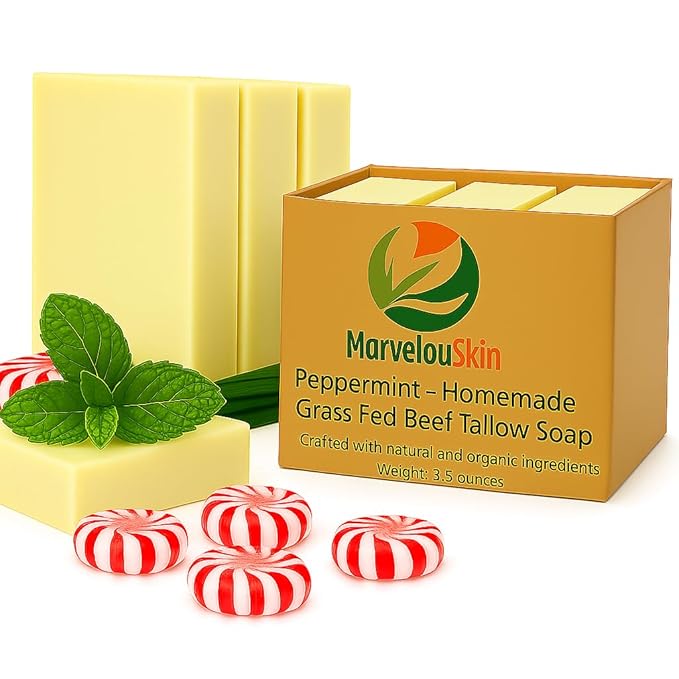 Peppermint Tallow Soap – Cooling Mint Bar Made with Grass-Fed Tallow & Organic Peppermint Essential Oil - Invigorating & Clean – 3 Pack