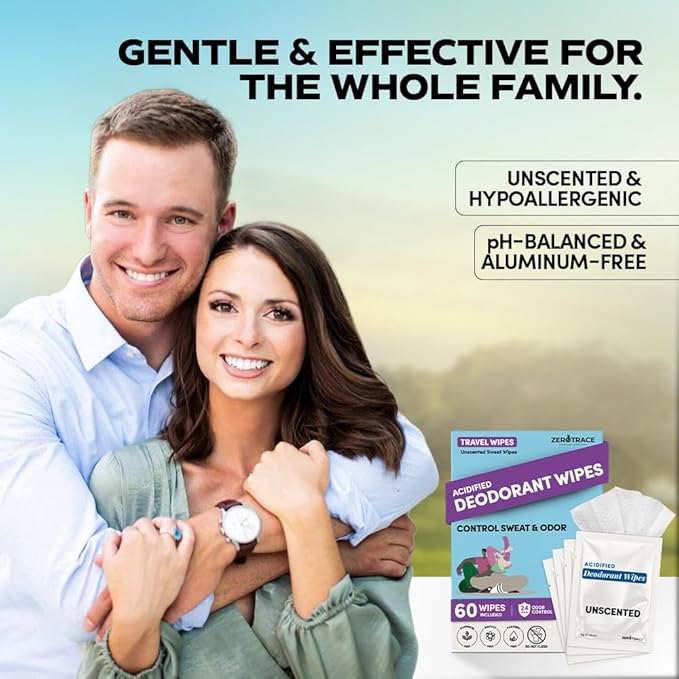 Zero Trace Travel Deodorant Wipes - 60 Count- 24 Hour Odor Control - Aluminum Free Hypoallergenic Deodorant For Women and Men - Individually Wrapped Underarm & Body Wipes - Uscented Bare Fresh