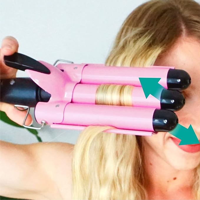 TOP4EVER 3 Barrel Curling Iron, 1 inch Crimper Hair Tool,Crimping Waver for Women Beach Waves with Two Temperature Settings, Pink
