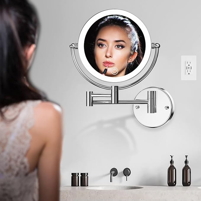 Hardwired Wall Mounted Makeup Mirror Magnifying, Double Sided 1/10X Magnifying Vanity Mirror with Lights 3 Color & Adjustable Brightness, 360 Swing Arm Shaving Mirror for Bathroom