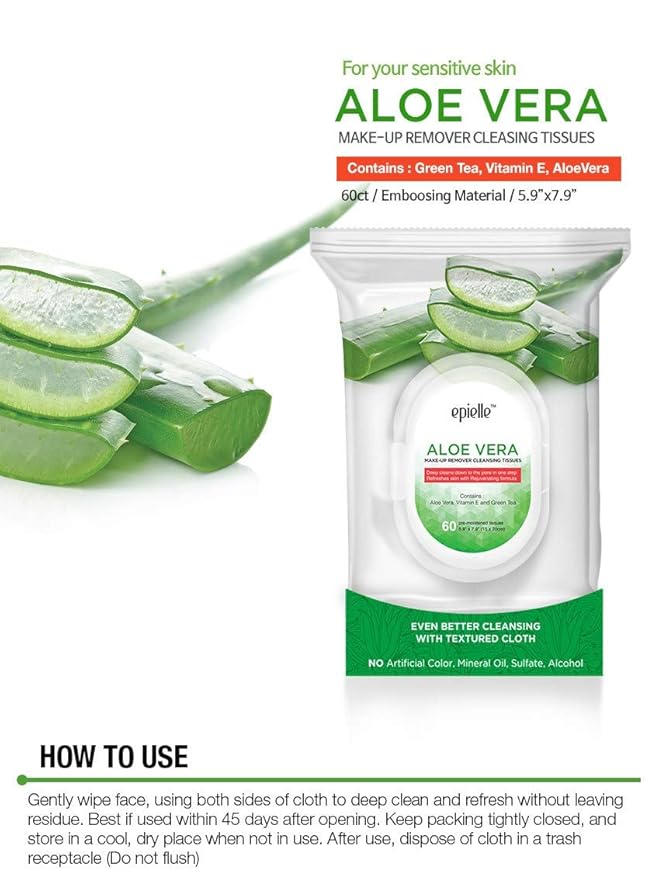 Epielle Aloe Vera Makeup Remover Wipes, Gentle Daily Facial Cleanser Towelettes, Remove Dirt, Oil & Waterproof Mascara, Stocking Stuffers, 60 Count (Pack of 2)