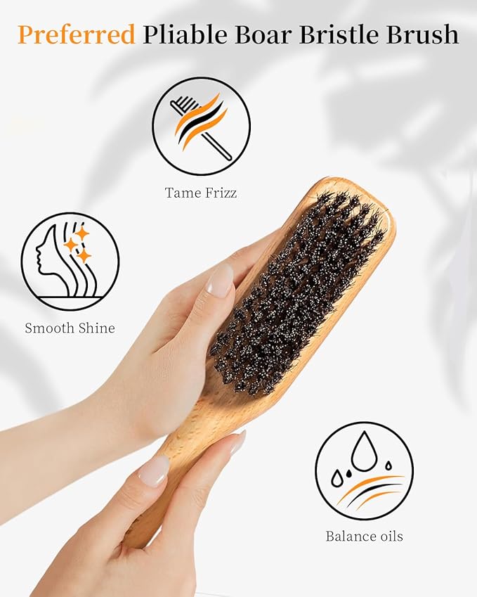 Slick Back Hair Brush, Hair Wax Stick Set - Boar Bristle Brush for Fine to Medium Hairs - Smooth Flyaways, Frizz & Baby Hairs, Sleek Ponytails Buns Updos