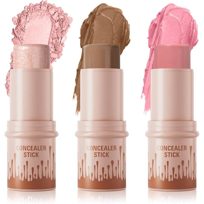 3Pcs Contour Stick Set-Creamy Contour Stick with Blush & Highlighter & Bronzer Not Greasy, Long-Lasting, Waterproof, Contouring Pen Easy to Contour the Face (A)