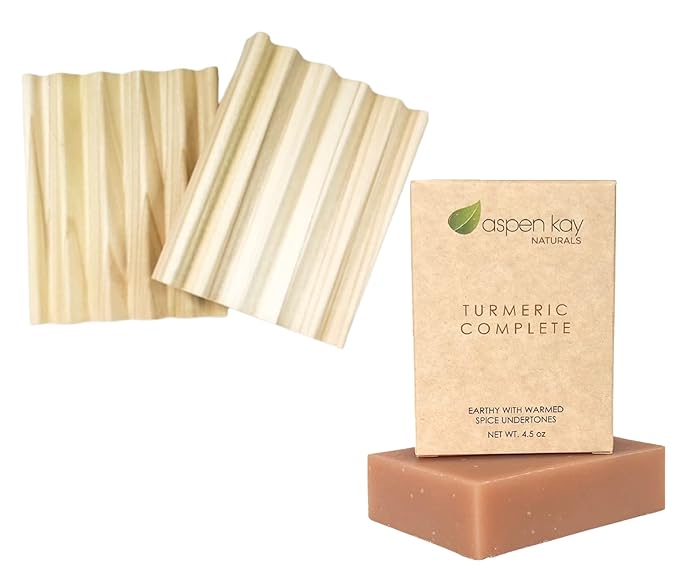 Turmeric Soap - Made with Natural and Organic Ingredients - 2 Pack Soap Dish, Draining Dish 100% Natural Poplar Wood