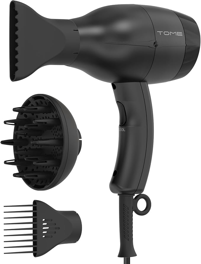 TOME Hair Dryer with Diffuser Blow Dryer Ionic 1875W Cool Shot Curly Hair Teeth Comb Nozzle attachments Light Weight Low Noise Fast Dry Black