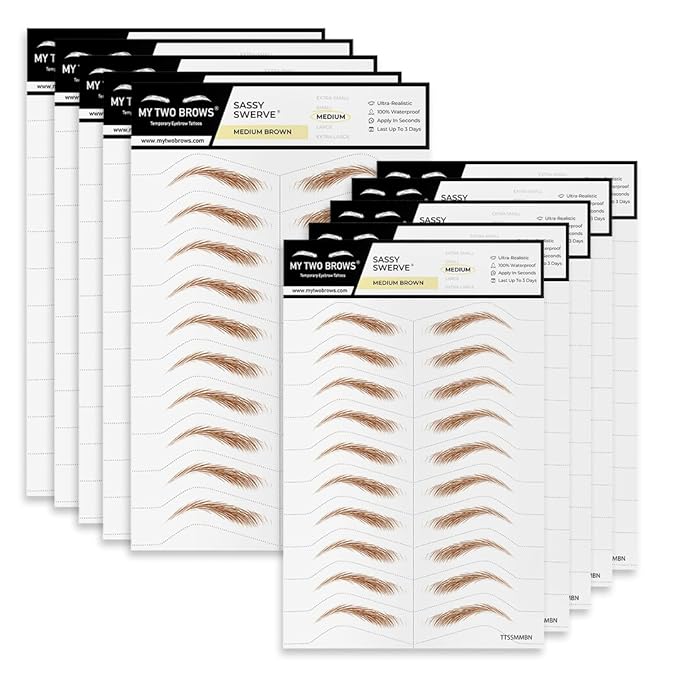 100 Pairs Medium Brown Temporary Eyebrow Tattoos, Waterproof and Smudge-Proof Medium Sassy Swerve Style Realistic Eyebrow Stickers for Women, Easy to Apply, Won't Work on Existing Brows