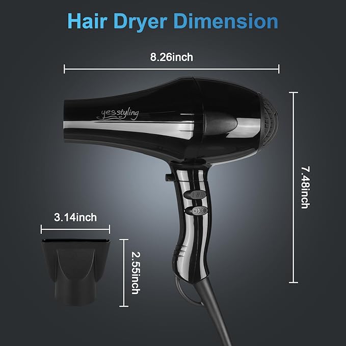 Professional Salon Hair Dryer, Blow Dryer Active Oxygen Negative ions Dryer with Attachments for Fast Drying for Family, Low Noise (Mirror Black, 1 Accessory)