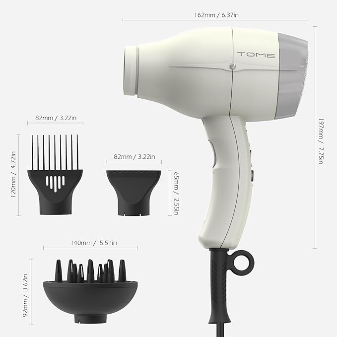 TOME Hair Dryer with Diffuser Blow Dryer Ionic 1875W Cool Shot Curly Hair Teeth Comb Nozzle attachments Light Weight Low Noise Fast Dry