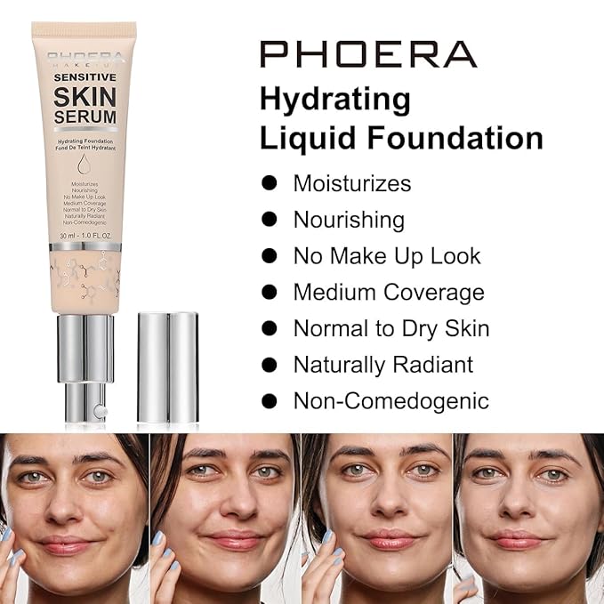 PHOERA Hydrating Serum Foundation,Flawless Full Coverage and Hypoallergenic Makeup Base Foundation. (N06 Mocha, norm)