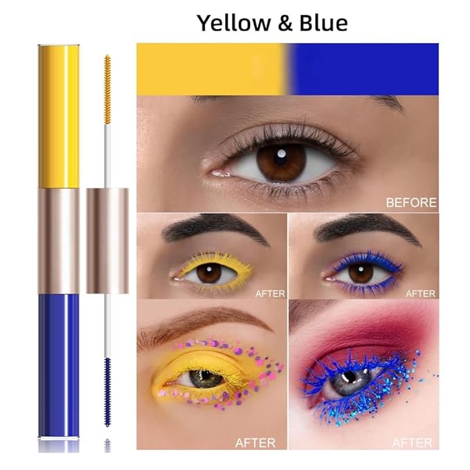 Waterproof Colorful Mascara with Small Brush, 1 Mascara with 2 Colors, Multi-Color, 2 Brush 2 Colors, Smudge-Proof, Long-Lasting, Volume and Lengthening, No Clumping (Yellow & Blue)