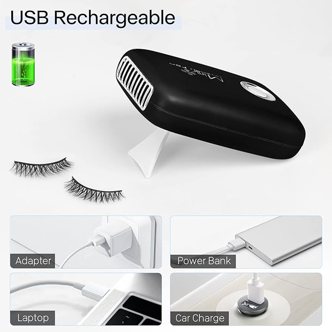 Buqikma Eyelash Mini Lash Fan for Eyelash Extension Portable Lash Fan Dryer Handheld Rechargable USB Eyelashes Fans with 3 Adjustable Speed Cooling Air Fans Eyelashes Extension Application (Black)