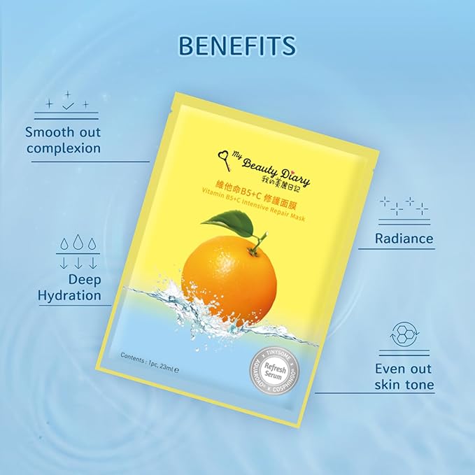 My Beauty Diary Vitamin B5+C Intensive Repair Mask, Glowing and Moisturizing Facial Mask, Restores Skin Radiance, Self Care Face Sheet Mask for Dull Skin and All Skin Types (8 pcs)