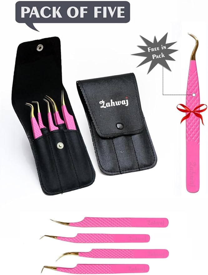 Lash Tweezers - Set of 5 Diamond Grip Eyelash Tweezers - Stainless Steel Professional Fiber Tip Lash Tweezer for Eyelash Extensions (Pink)