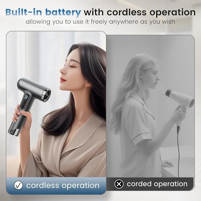 Cordless Hair Dryer, 15000mAh Battery, Rechargeable Hair Dryer, 3 Adjustable Hot and Cold Wind, Used for Travel, Camping, and RV.