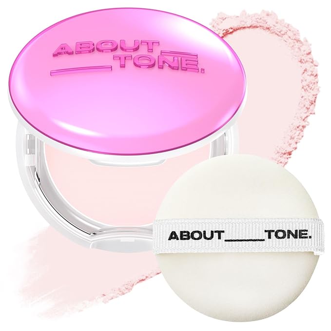 Glow Powder Pact 0.28oz - Shining Tone-Up Pressed Powder Compact with Mirror and Puff Natural Peach Pearl Shimmery Blur Finish Face Makeup Setting Finishing Transparent Sebum Control Vegan