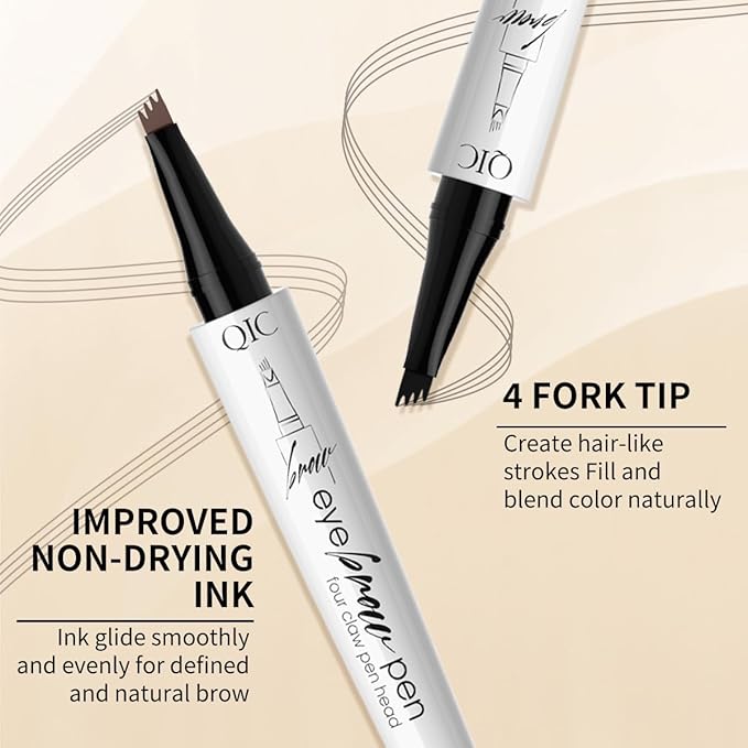 QIC Eyebrow Pencil, 3D Waterproof Microblading Brow Pen with 4 Fork Tip, Natural Makeup Long-Lasting Fine Stroke Brow Tattoo Pen (Dark Brown)