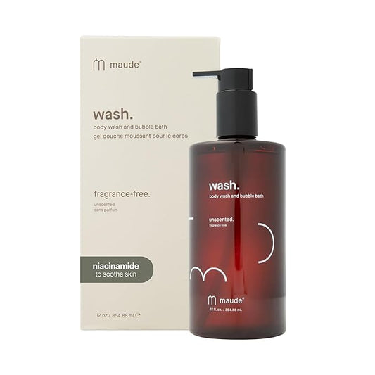 MAUDE Wash - pH Balanced Moisturizing Body Wash - Unscented Body Soap & Bubble Bath - With Smoothing Niacinamide & Aloe - Gentle Everyday Shower Gel & Relaxing Bath Soap - No.0 (12 oz)