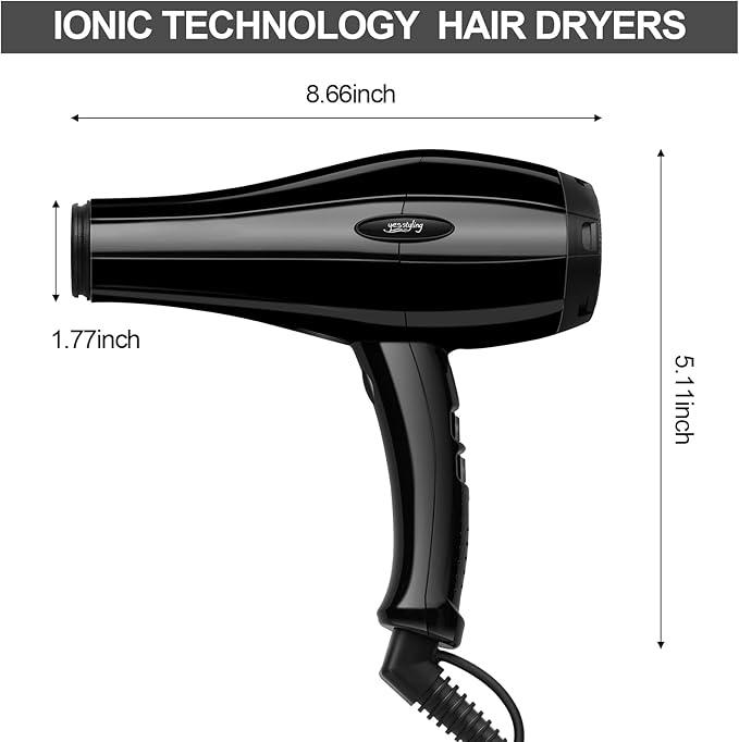 Professional Salon Hair Dryer, Blow Dryer Active Oxygen Negative ions Dryer with Attachments for Fast Drying for Family, Low Noise (Mirror Black, 2 Accessories)