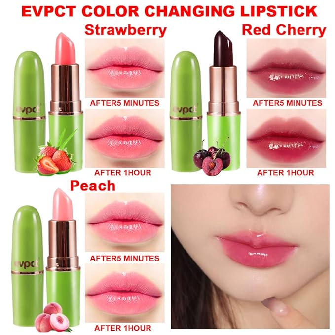 BINGBRUSH Aloe vera Color Changing Lipstick,Moisturizer Long Lasting Lip Care Magic Lip Gloss,Makeup Lipstick Set (3Pcs Strawberry+ Red Cherries+ Peach, 3 Count (Pack of 1))