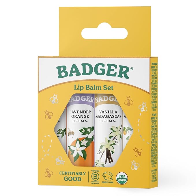 Badger Classic Organic Lip Balm Set - Yellow Box, Light Silky Long Lasting Lip Moisturizer Gift Set, All Natural Lip Balm Variety Pack Lip Set (Tangerine, Lavender Orange, Vanilla, Grapefruit), 4 pack