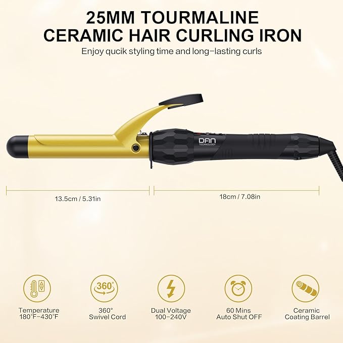DAN Technology 1 Inch Large Barrel Curling Iron Wand, Tourmaline Ceramic Hair Curler with LCD Display (180°F–430°F), Fast Heating, Dual Voltage, Auto Shut-Off, Black & Gold