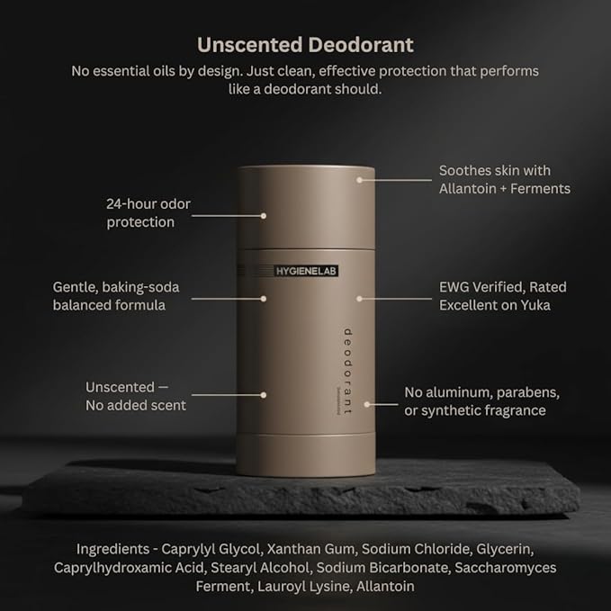 HygieneLab Fragrance-Free & Unscented Deodorant for Men – EWG Verified, Aluminum-Free, Non-Toxic Odor Protection for Sensitive Skin, Unscented