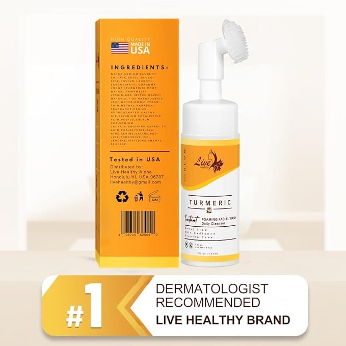Live Healthy Turmeric Foaming Face Wash - Turmeric Face Wash with Brush, Deep Cleansing, Gentle, Facial Cleanser, Makeup Remover, Natural Formula for Acne, Blackhead & Oil Control, Hydrating -150ml