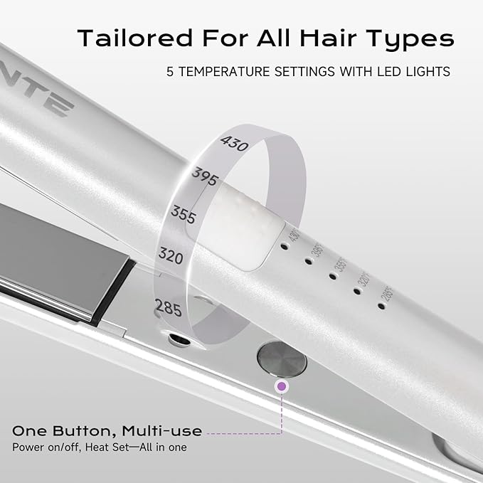 Titanium Flat Iron Hair Straightener and Curler 2 in 1 with Quick Fast Heating, 1 Inch Professional Straightening Iron, 5 Temp Settings for All Hair Types, Dual Voltage & Auto-Shut Off(White)