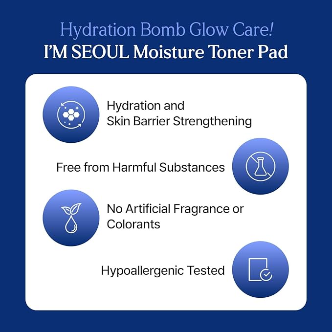 I’M SEOUL Toner Pads Hydrating Moisture Pads with Ectoin, Beta-Glucan, LHA, Hyal-Microsome for All Skin Types Korean Skincare 60 Count 8.11 fl oz