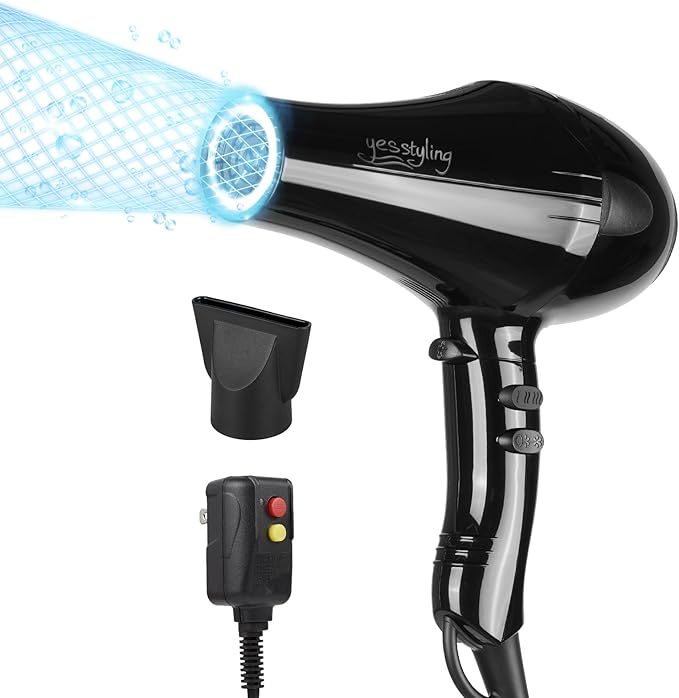 Professional Salon Hair Dryer, Blow Dryer Active Oxygen Negative ions Dryer with Attachments for Fast Drying for Family, Low Noise (Mirror Black, 1 Accessory)
