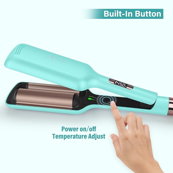 32mm (1.25") Aima Beauty Twins Mermaid Loose Waves Hair Waver, Anti-Scald 2 Barrel Curling Iron, Hair Crimper, Ionic Care Wave Iron Worldwide Dual Voltage 15S Heats Up Medium/Long Hair Light Green