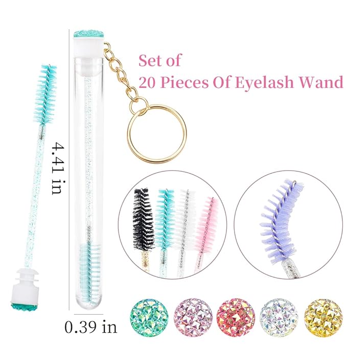 20 Pcs Mascara Wand Tube Set Diamond Key Chain Tube Empty Mascara Brushes Eyelash Spoolies Brush Makeup Tool Applicator (Mixed 5 color)