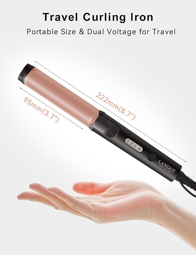 LANDOT Mini Curling Iron Hair Curler: 1 Inch Small Curling Wand for Short Hair - Travel Size Dual Voltage 100-240V for Worldwide Use - Adjustable Temperature for All Hair Types