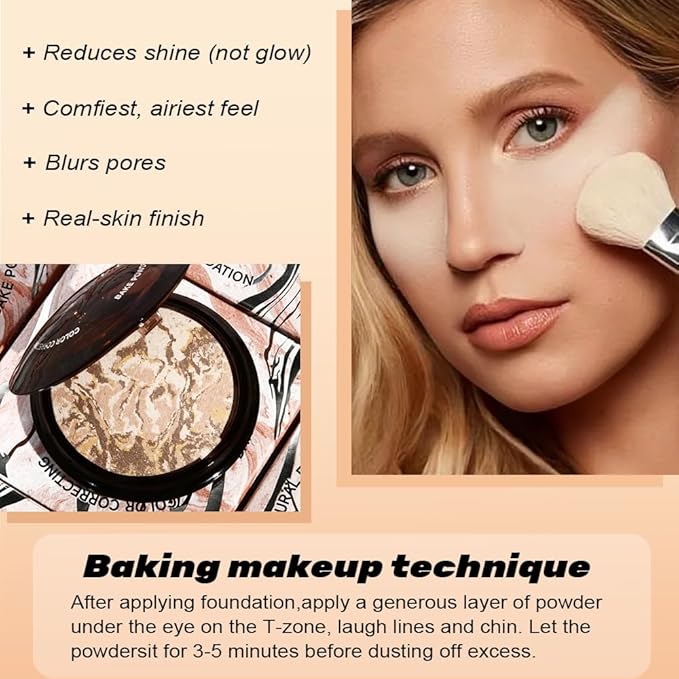 Pressed Matte Face Powder, Bake Foundation Makeup, Balance-n-Brighten & Color Correcting, Medium Light Fair Brown Concealer Base Mak up for Poreless Wrinkle Finishing, Shine Control