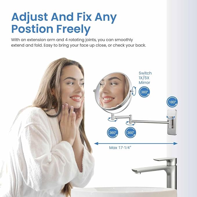KIBI Circular Wall Mount Makeup Mirror, Dual-Sided 1x/5x Magnifying Mirror with Extendable Arm, 360° Swivel, Solid Brass Construction for Durability and Style (Brushed Nickel, KMM100)