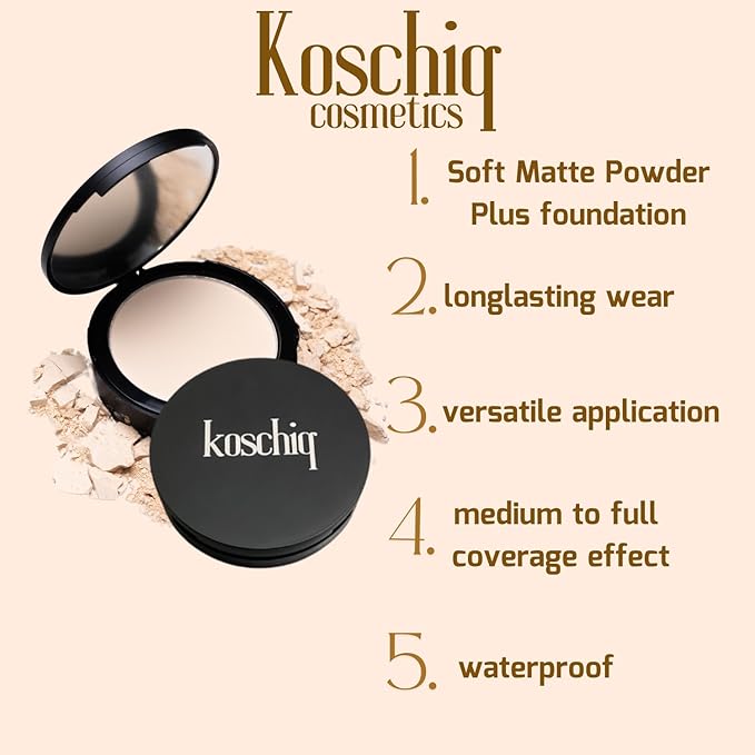 Koschiq Soft Matte Powder + Foundation – 2-in-1 Compact with Oil Control & Blurring Effect | Longwear, Buildable Matte Finish | K-50. Medium with warm neutral undertone
