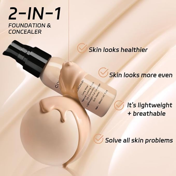 2 in 1 Foundation Concealer, Lightweight Creamy Long Lasting Face Makeup for Combination Oily Skin, Conceals Dark Circles Under Eyes Dark Spots and Blemishes, Vegan Cruelty-Free, Light